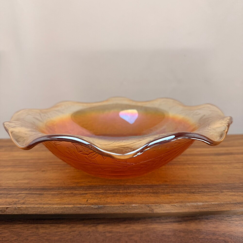 VTG Jeanette Glass Marigold Louisa Floragold Carnival Glass Ruffled 9.5” Bowl